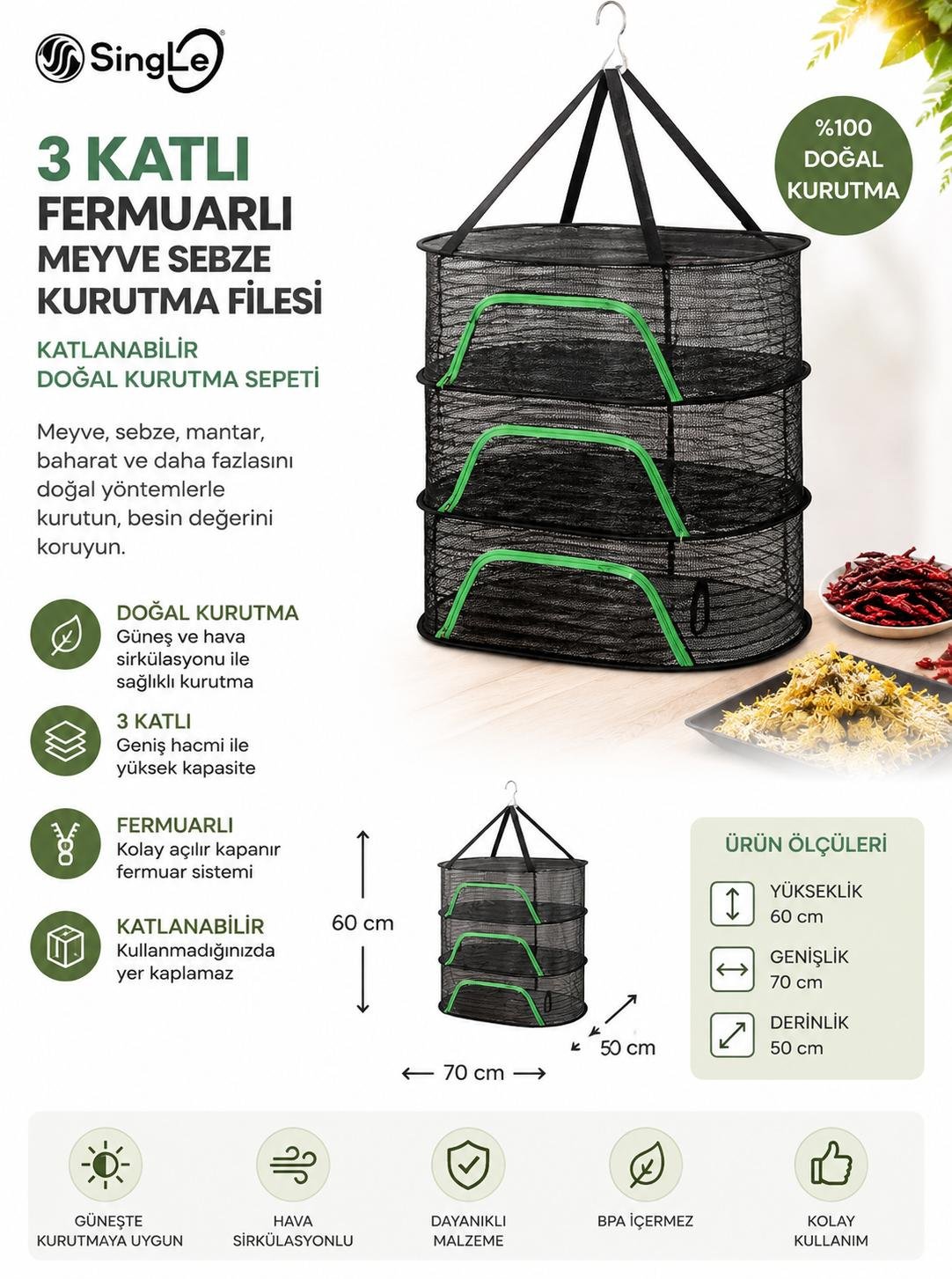 3 Katlı Fermuarlı Meyve Sebze Kurutma Filesi Katlanabilir Doğal Kurutma Sepeti