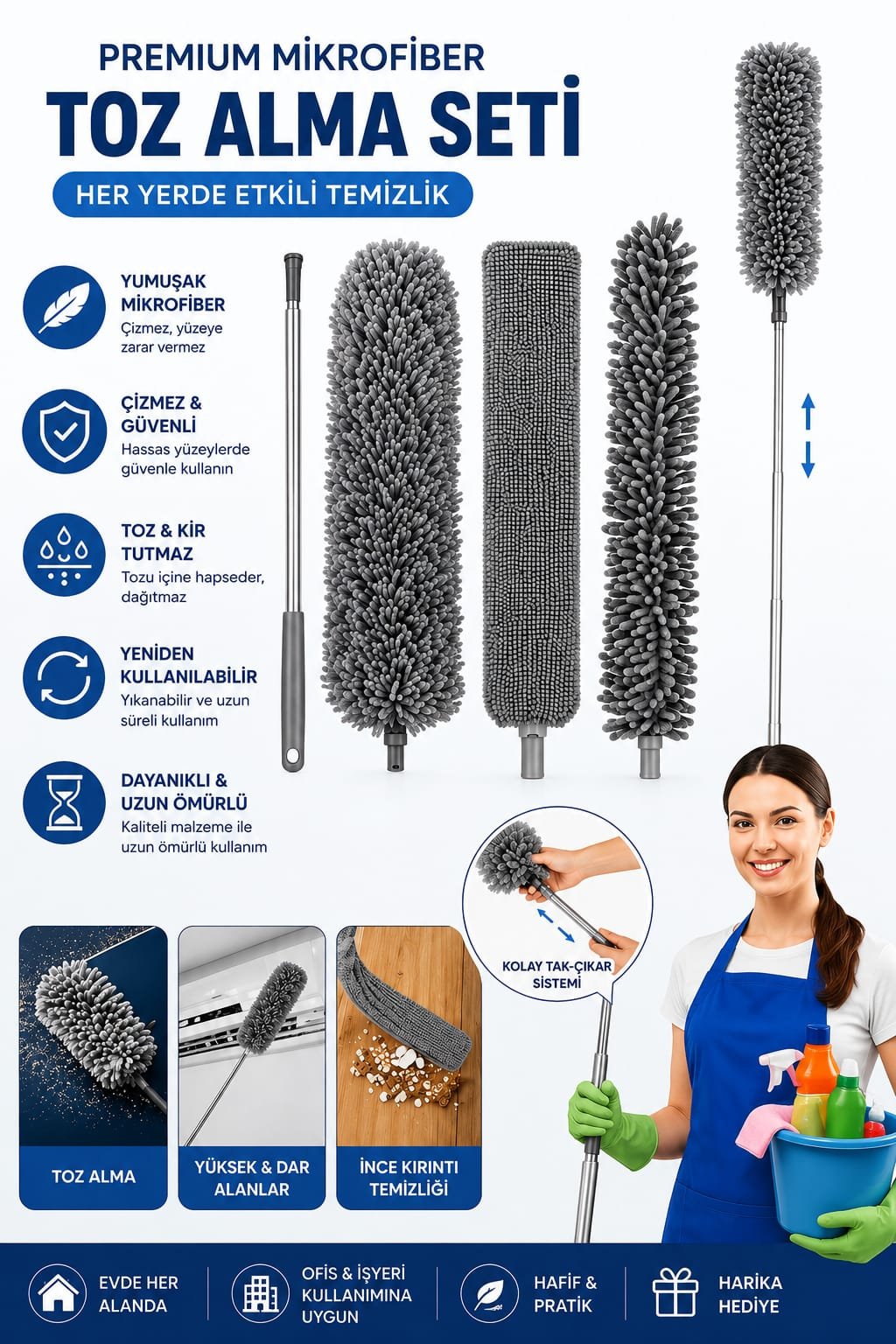 Mikrofber Manyetik Anti-Statik Bükülebilen Toz Alma 3 Lü Full Set Uzayabilen Saplı Mop